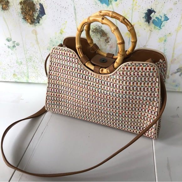 NWOT Fossil Woven Rainbow Purse Bamboo Straw Top Handle Medium Size - Picture 6 of 16